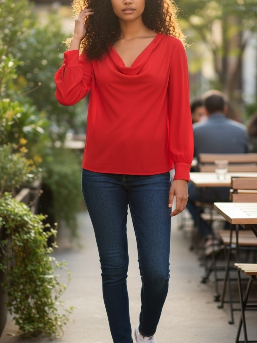 Red Cowl Neck Long Sleeve Blouse